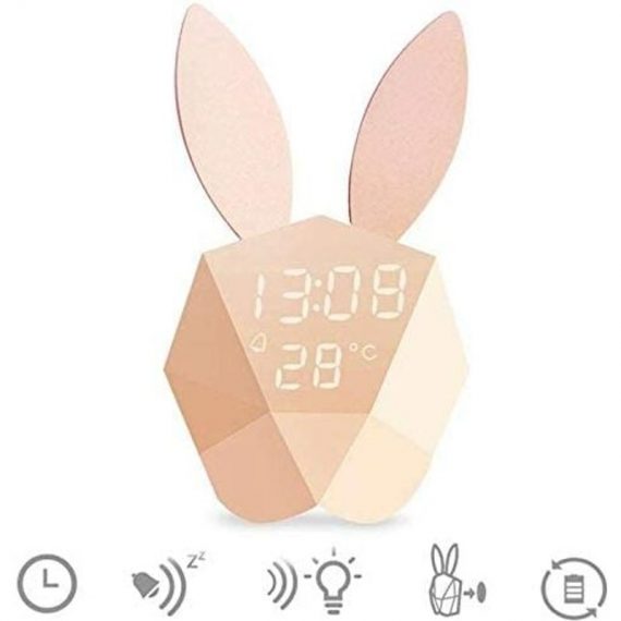 Cute Rabbit LED Night Light Bedside Lamp + Alarm Clock Built-in Lithium Battery Led Voice Activated Christmas Gift for Kids, Girls, Baby HLT-10156 6927193749537